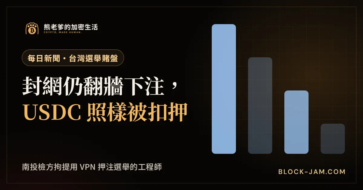 南投 Polymarket 選舉賭盤案新聞封面：網域遭封後工程師用 VPN 翻牆下注，USDC 被扣押