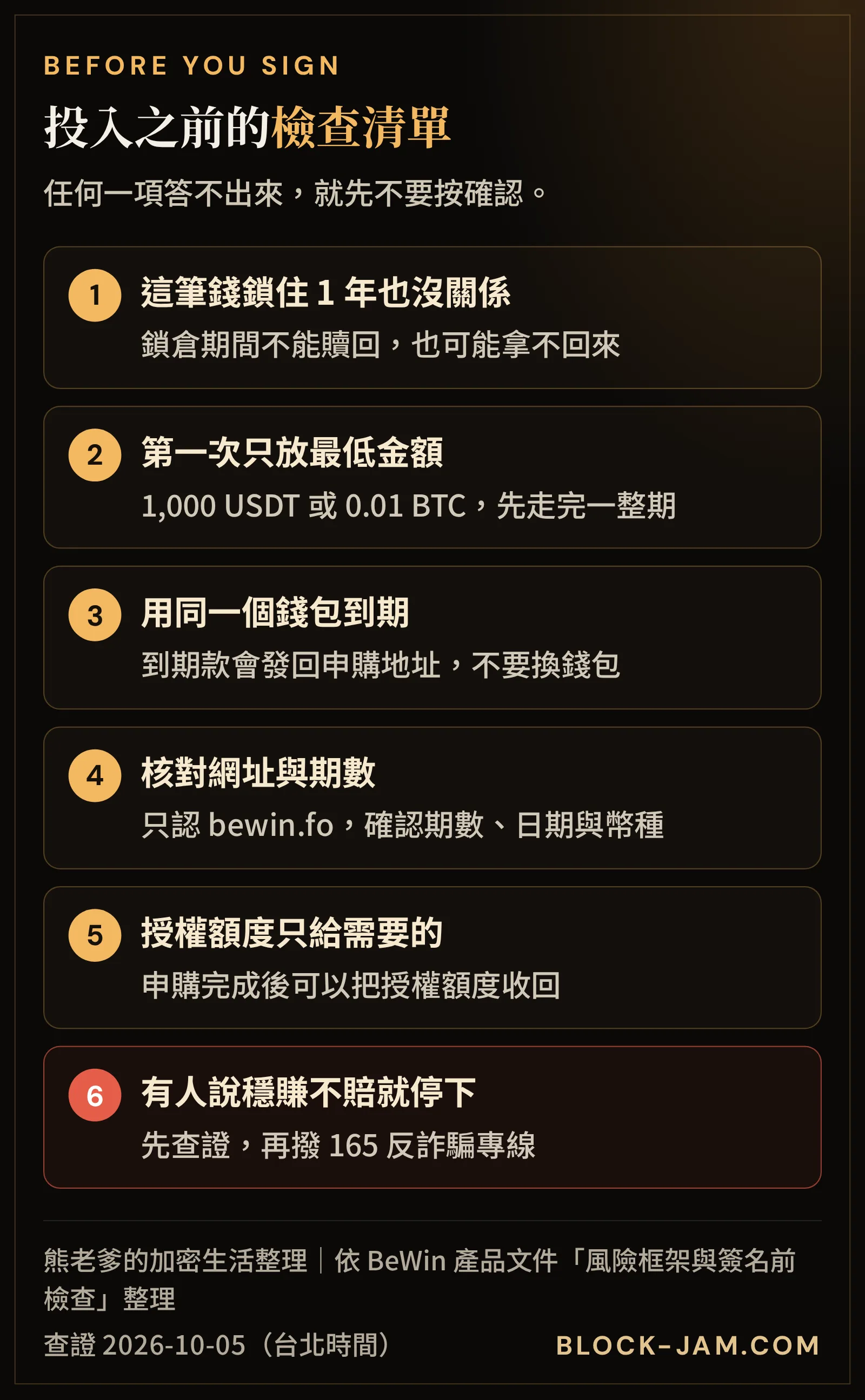 投入 BeWin 基金前的檢查清單：可承受損失的金額、先小額、同一個錢包、核對期數與網址