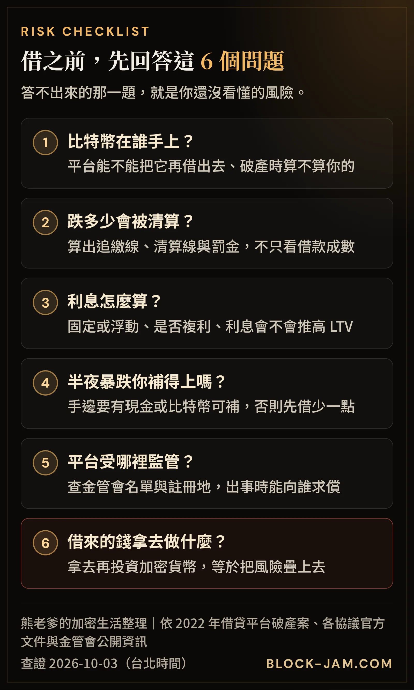 比特幣抵押借款借款前風險檢查清單：保管、清算、利率、監管與最壞情境