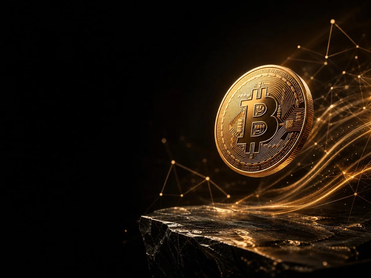 金色比特幣與區塊鏈網絡線條的主視覺