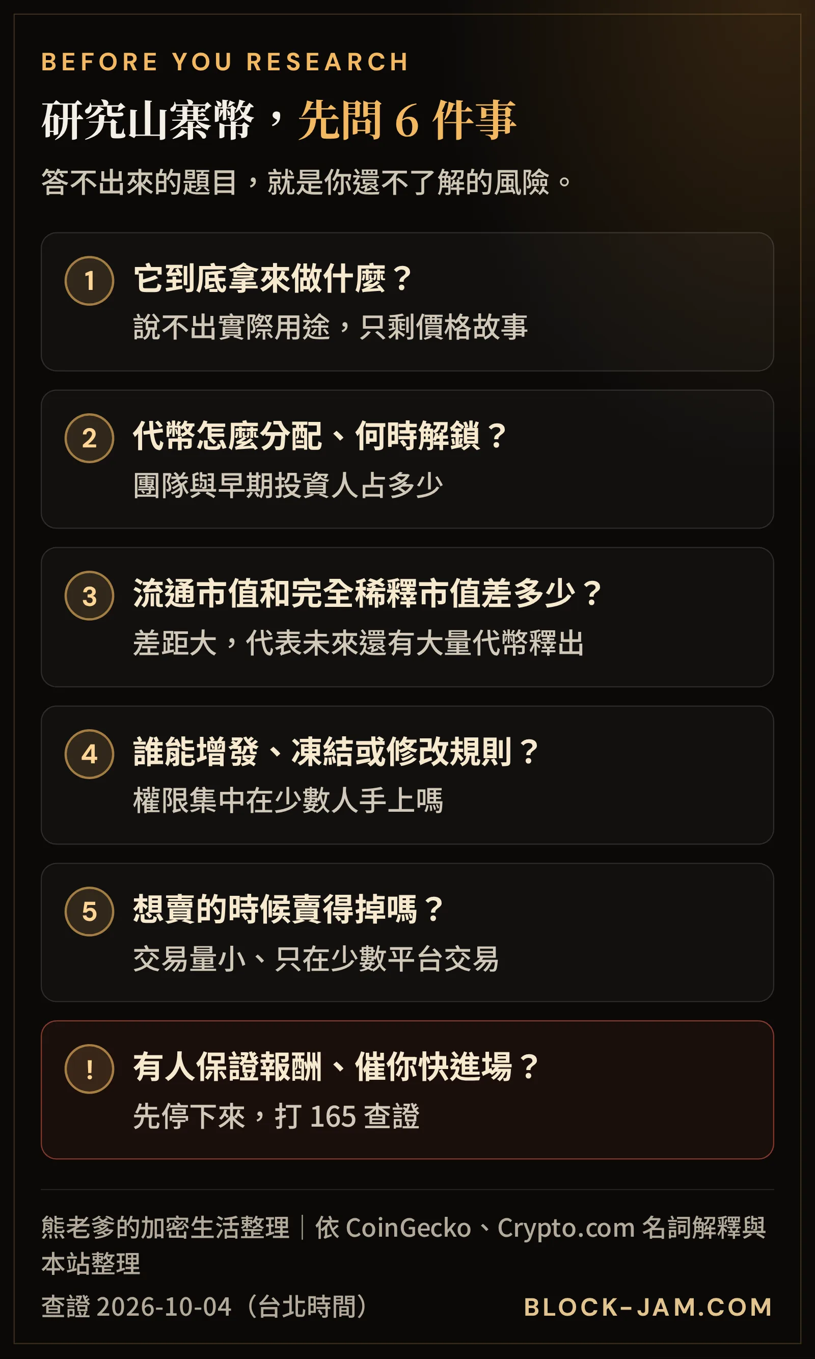 研究一個山寨幣前先問的 6 個問題：用途、分配與解鎖、流通與完全稀釋市值、誰能增發或凍結、流動性、專案是否仍在運作
