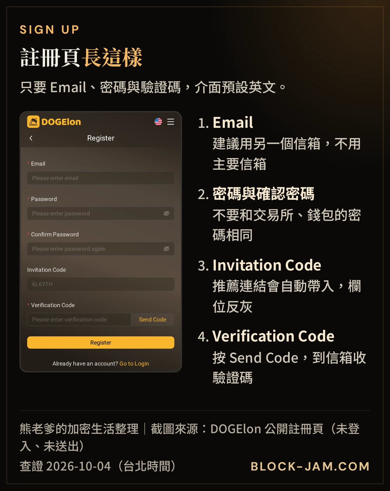 DOGElon 註冊頁手機截圖：Email、密碼、邀請碼欄位已自動帶入 6L6Y1H 與 Email 驗證碼