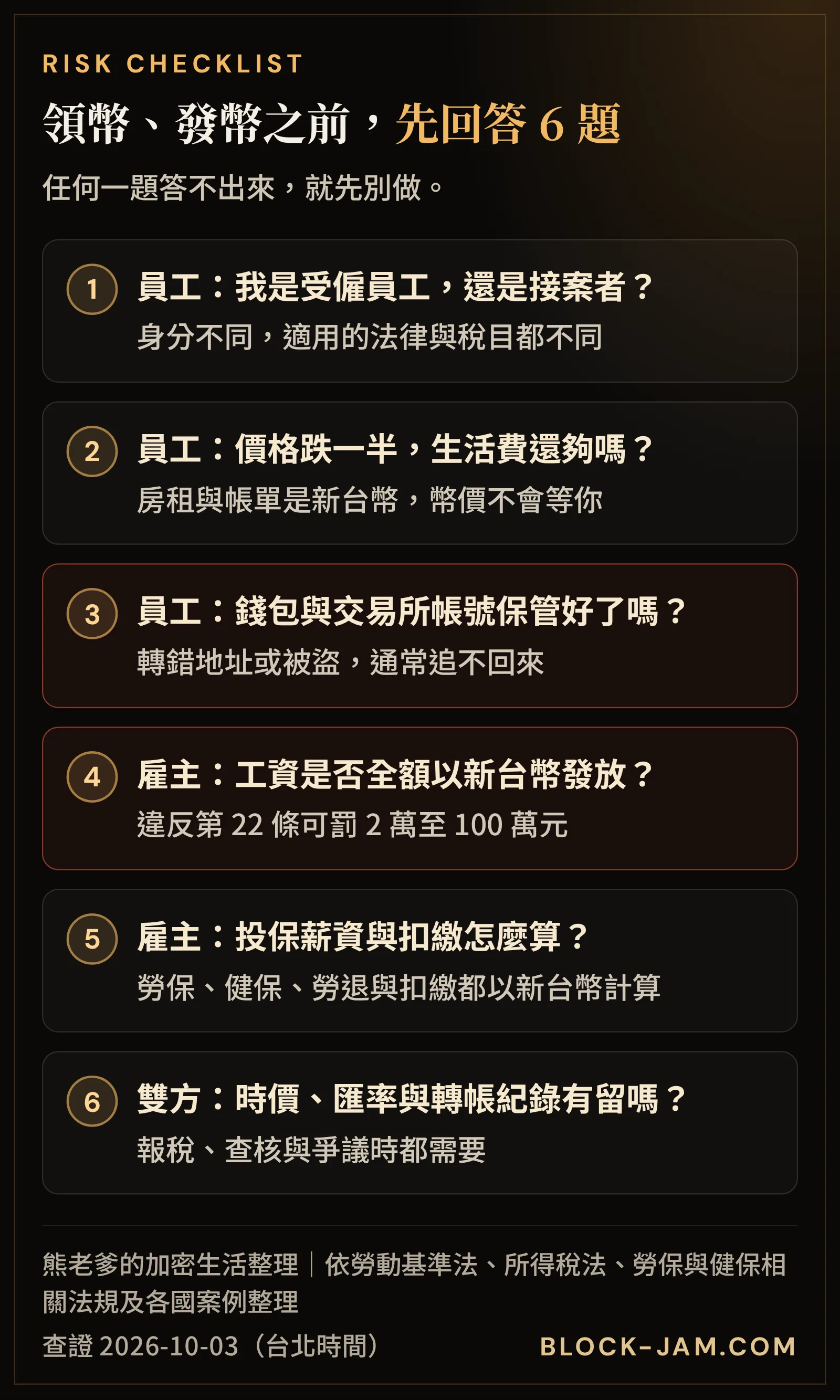 比特幣支薪風險檢查清單：員工與雇主各 3 個問題，涵蓋勞基法、稅務、保險與錢包安全