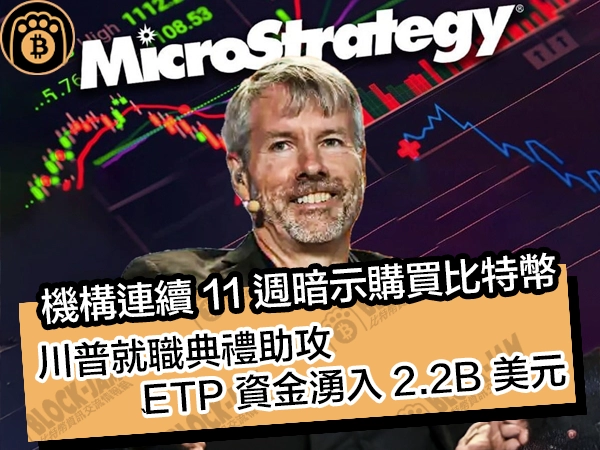機構連續11週暗示購買比特幣!川普就職典禮助攻 ETP資金湧入2.2B美元