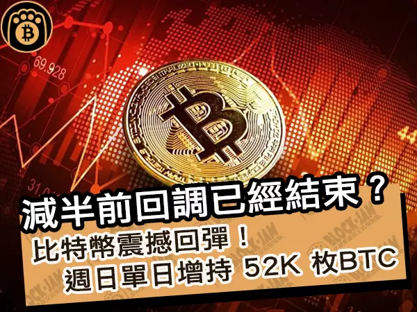 熊老爹 - 減半前回調已經結束？比特幣震撼回彈，週日單日增持 52K 枚 BTC