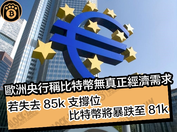 歐洲央行稱比特幣無真正經濟需求！若失去 85k 支撐位，比特幣將暴跌至 81k