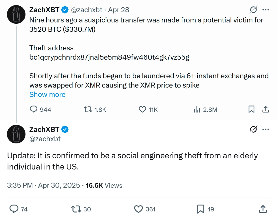 ZachXBT 確認了這次駭客攻擊的受害者。來源:ZachXBT
