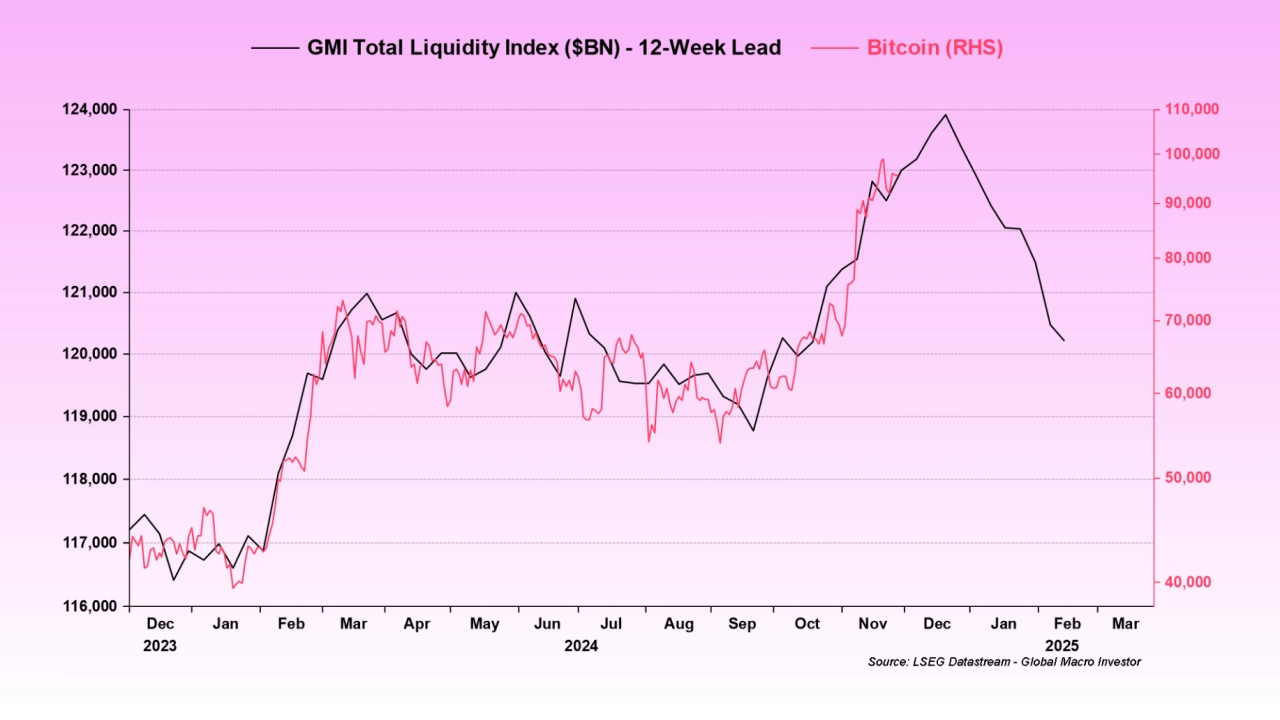 GMI 總流動性指數，比特幣（RHS）。資料來源：拉烏爾帕爾