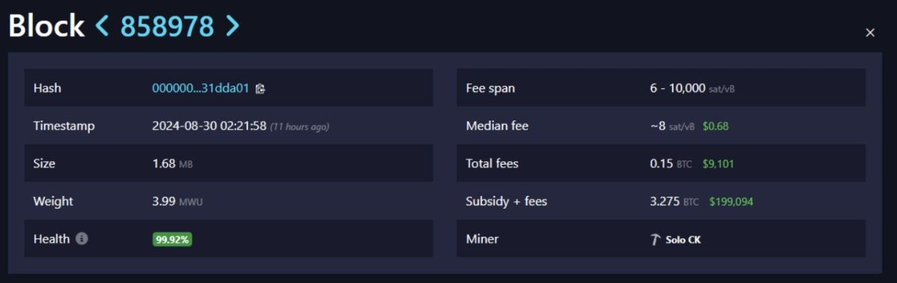 這位單人礦工透過他們的努力收穫了 9,000 美元。來源：Mempool.space 