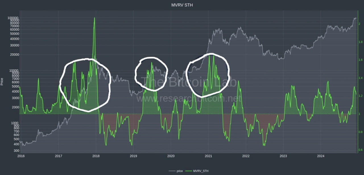 比特幣 STH-MVRV 圖。資料來源：比特幣研究員/X