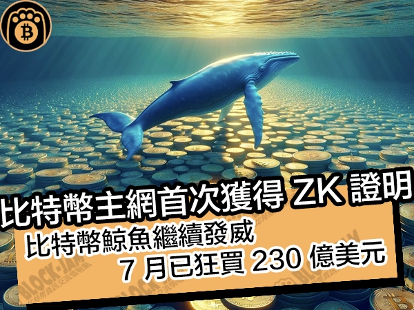 比特幣主網首次獲得ZK證明！比特幣鯨魚繼續發威，7月已狂買230億美元 - 熊老爹比特幣資訊交流情報網