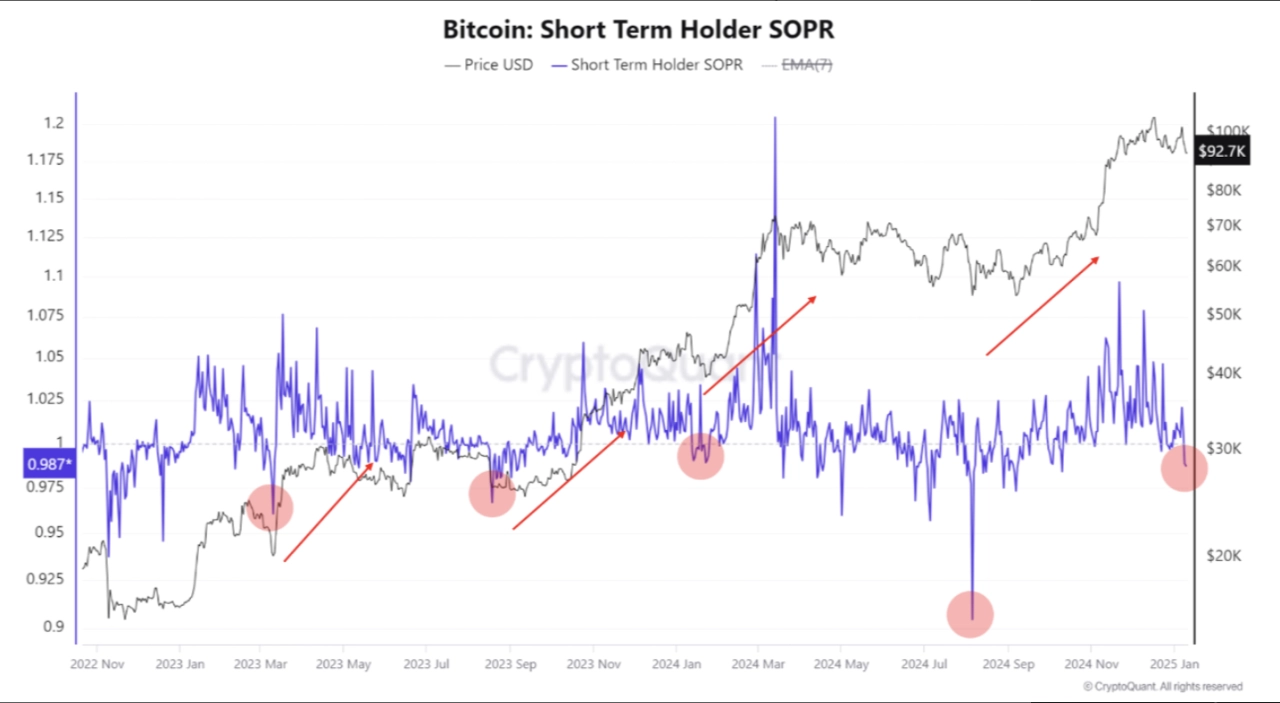 比特幣 STH-SOPR 圖表（截圖）。來源：CryptoQuant