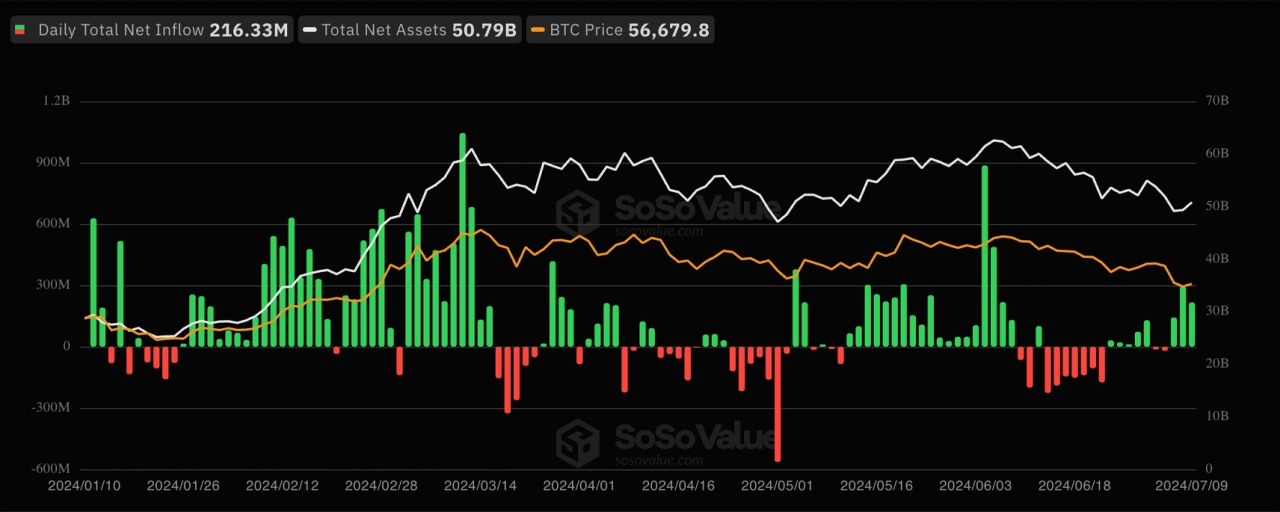 熊老爹比特幣資訊交流情報網 - 比特幣 ETF 現貨淨流量總額。資料來源：SoSo Value