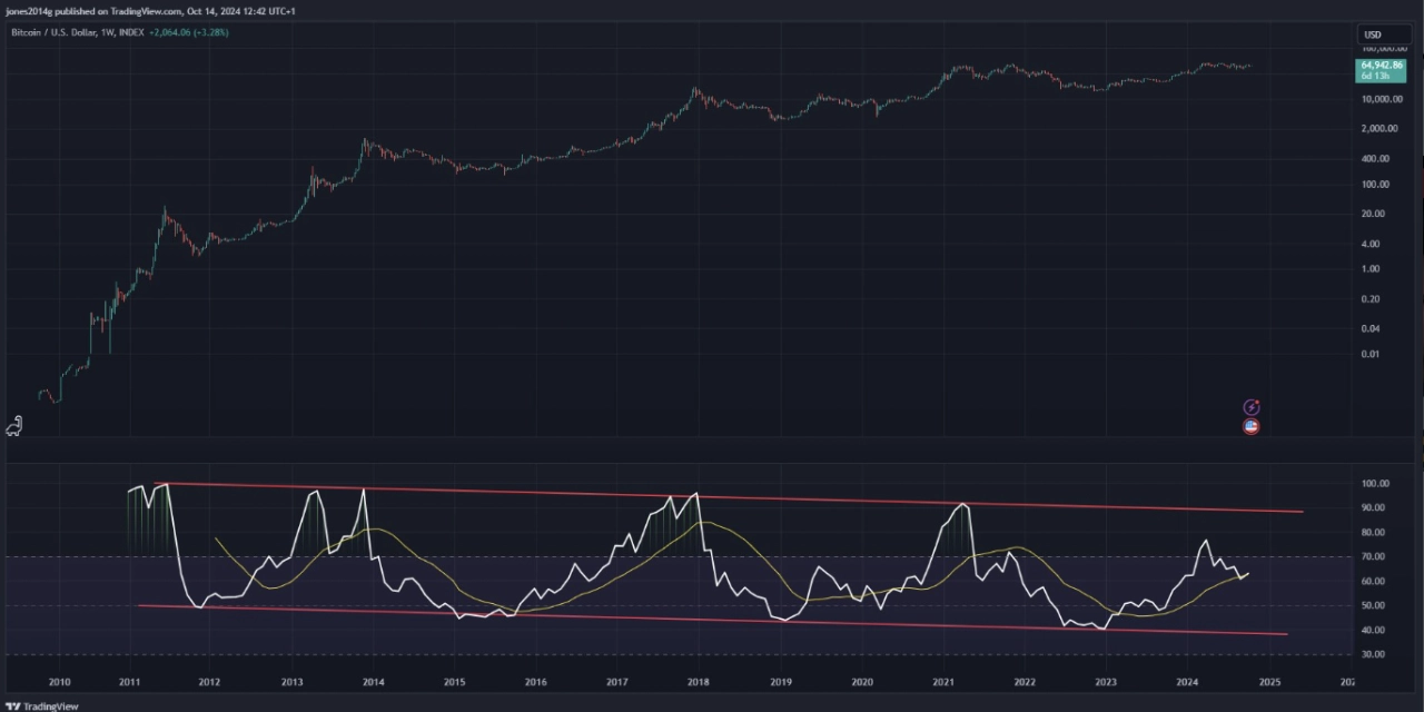 BTC/USD 1 週圖表以及每月 RSI。資料來源：Bitcoindata21/X