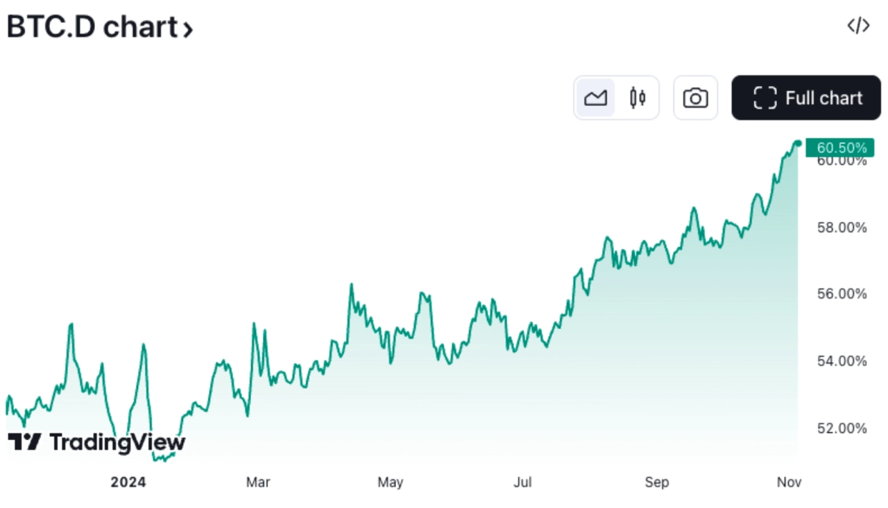 比特幣的主導地位已達到超過  60% 的新周期高點。來源：TradingView