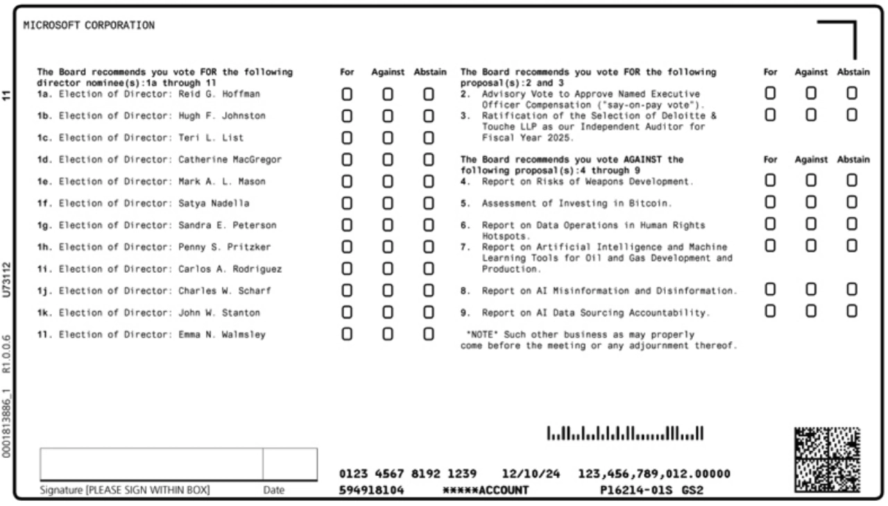 第 5 項指出微軟董事會建議股東投票反對比特幣投資。資料來源：美國證券交易委員會